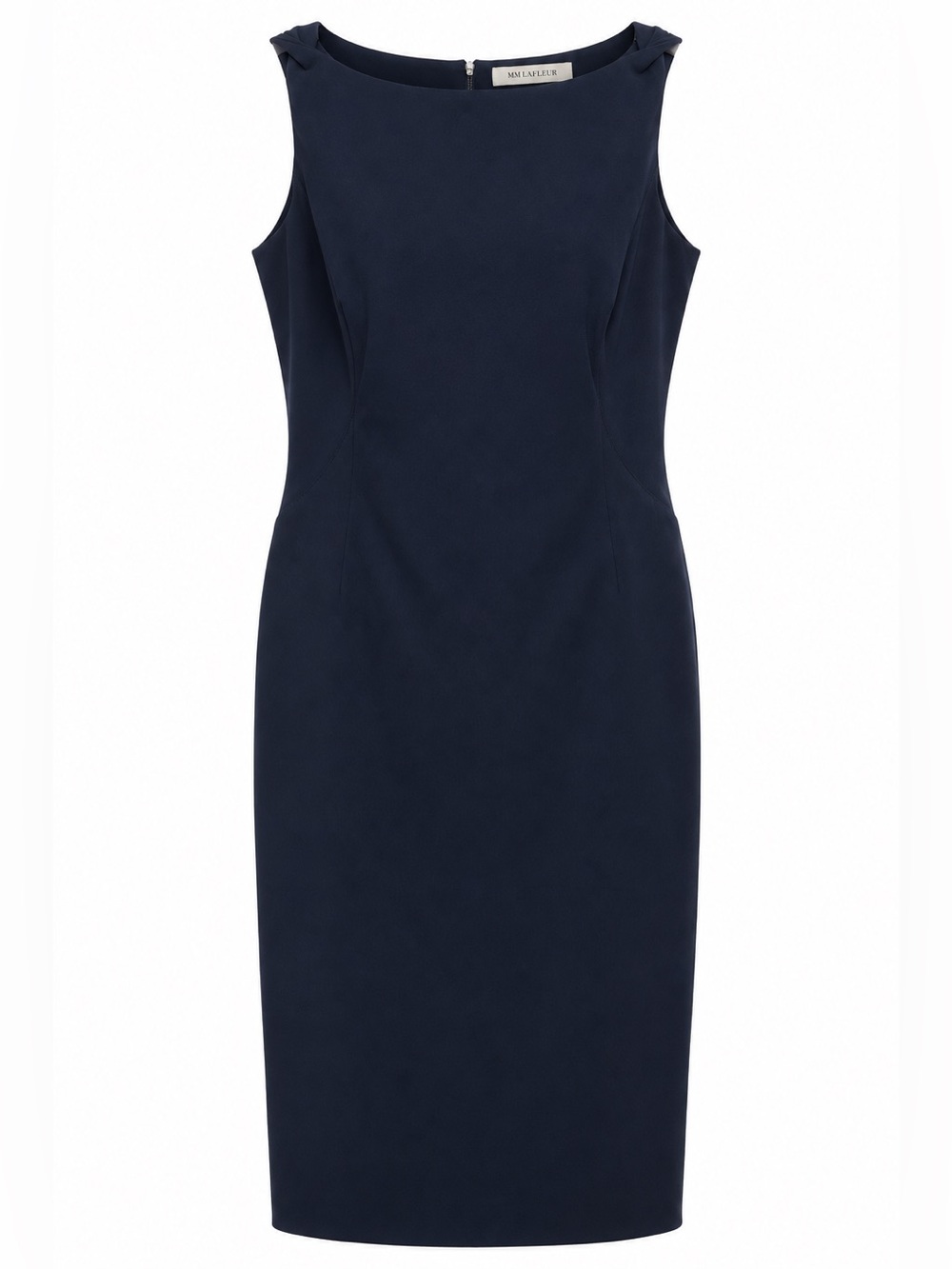 MM Lafleur Navy Sleeveless Midi Sheath Dress with Shoulder Bows